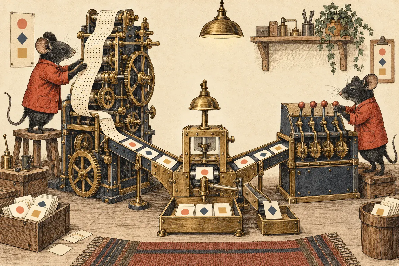 Two mouse engineers drive different brass machines: one feeds a long punched program strip into a tall loom, the other sets a short row of levers; both pass task cards into one checking jig.