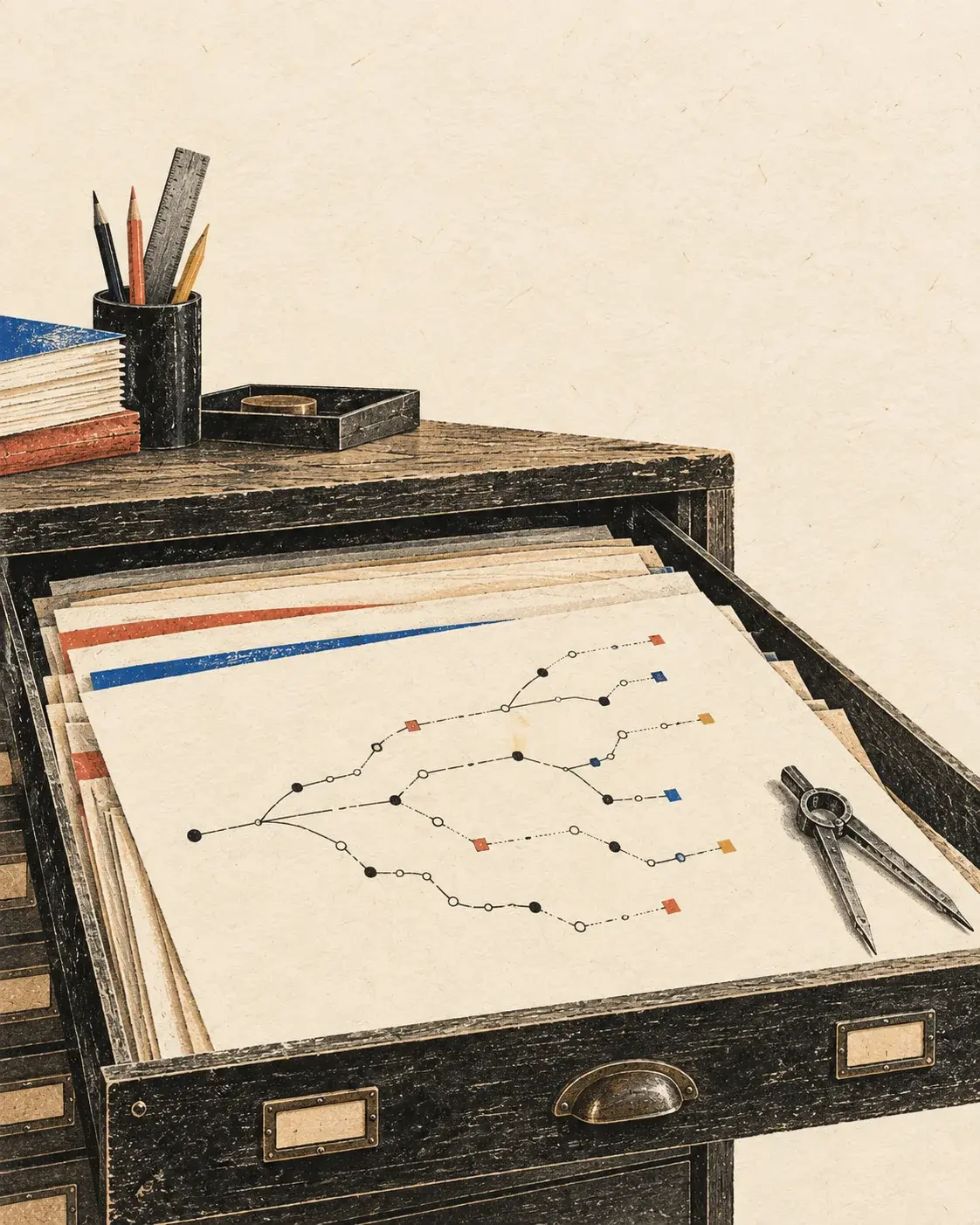 A workbench with pencils, a ledger and notebooks, in the CodeGraff illustration style