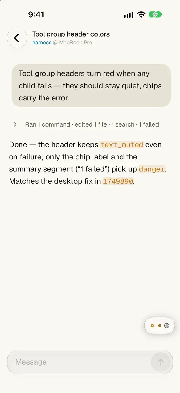 Harness on iPhone: a finished session with its tool activity folded into one line