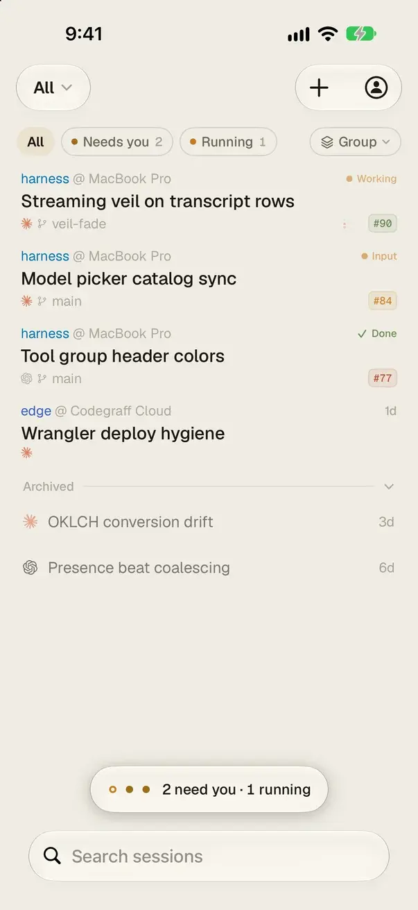 Harness on iPhone: every session across your machines, two waiting on you