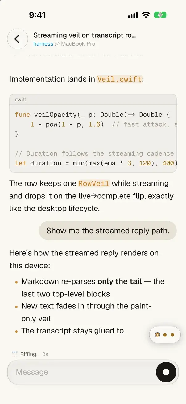 Harness on iPhone: a reply streaming into a session running on a MacBook Pro